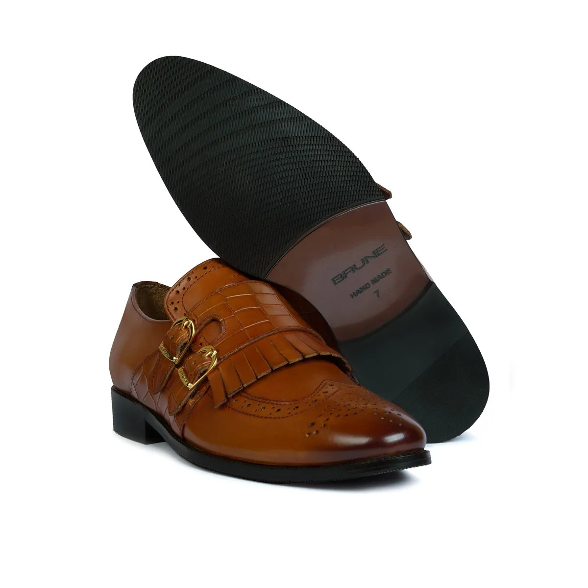 Double Monk Buckled Punching Tan Leather Formal Shoes with Fringes Design