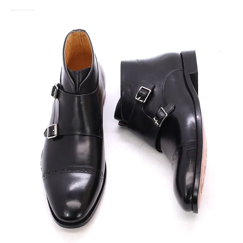 Handmade Buckle-Up Leather Ankle Boots for Men
