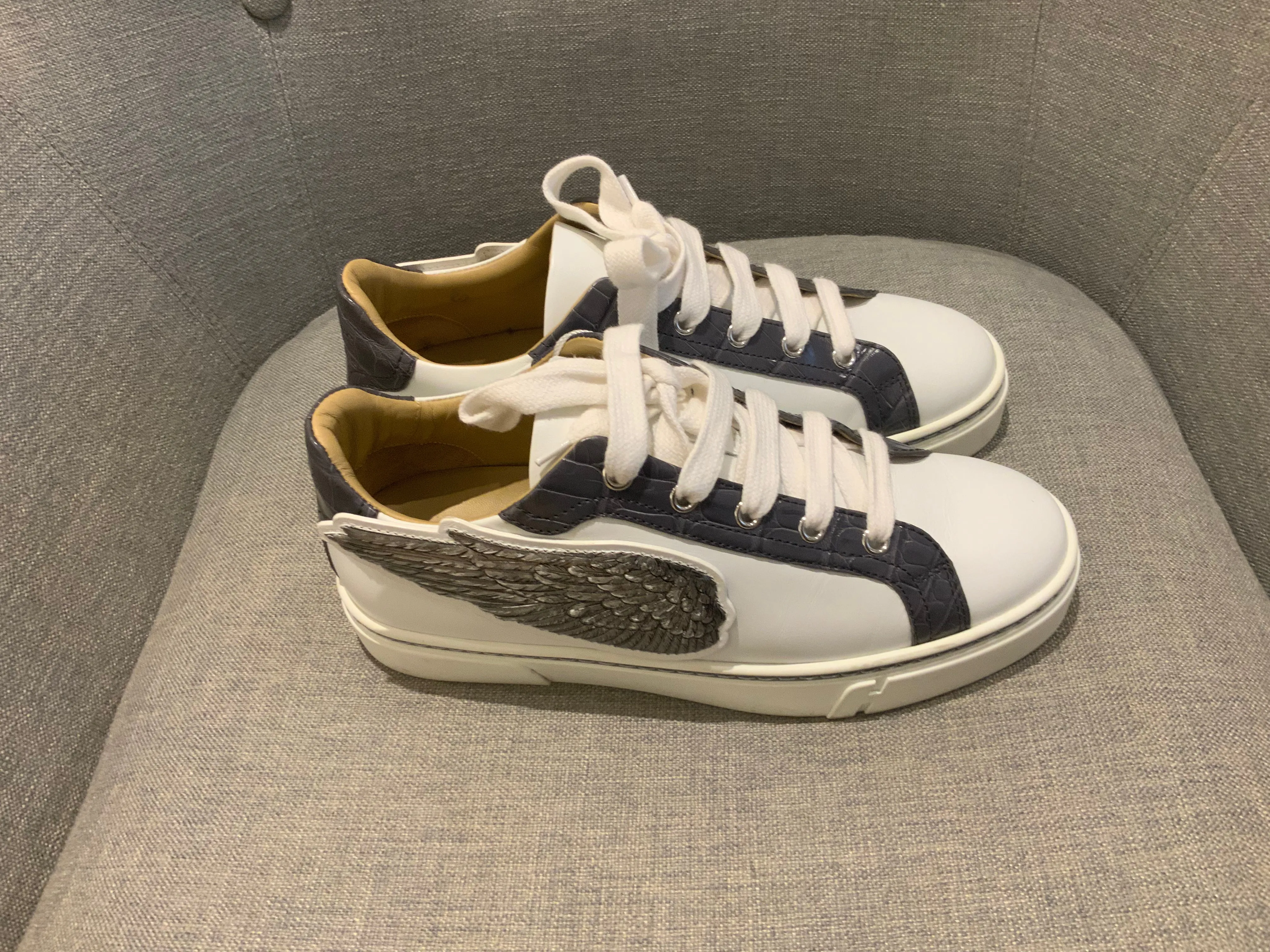 HERMÈS Calfskin Epsom Womens Velvet Sneakers 37 White Grey Crocodile Trim Shoes ladies