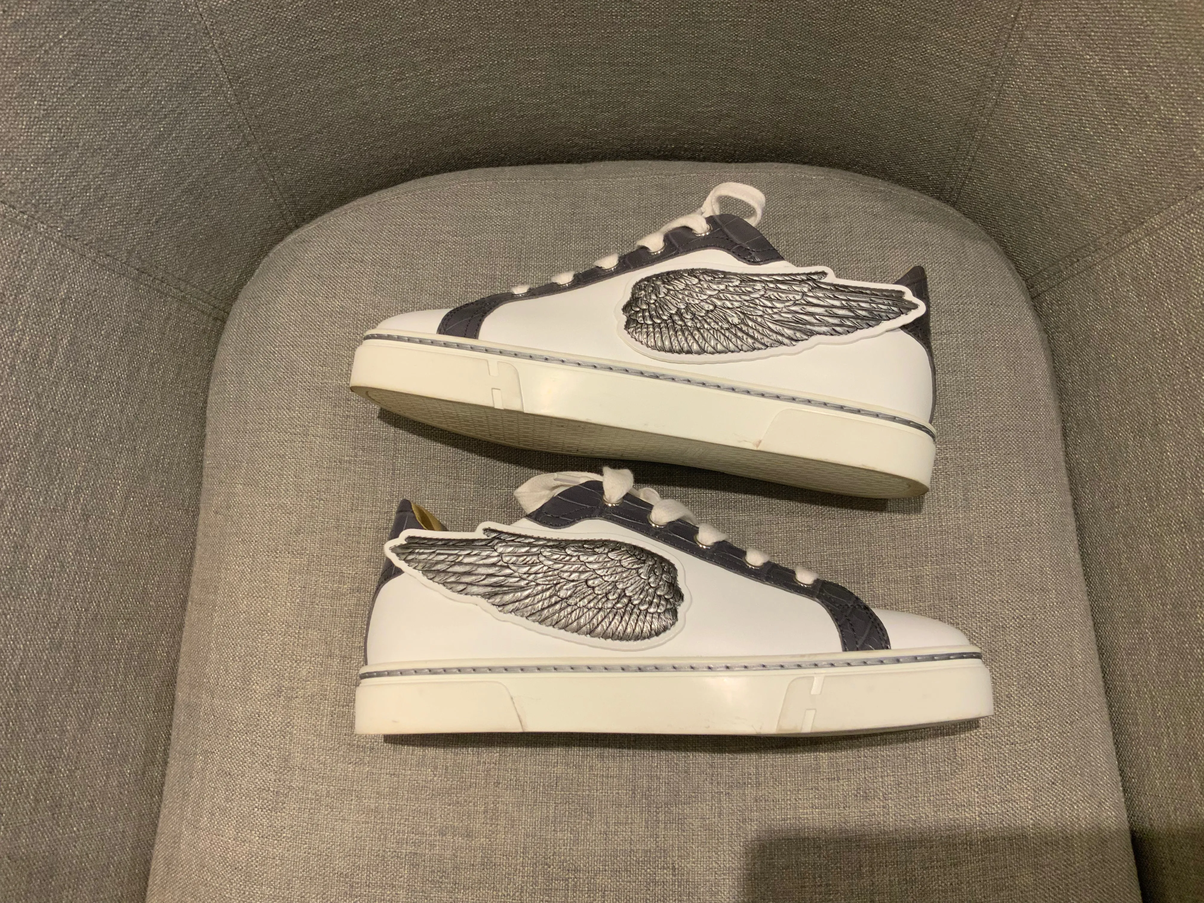 HERMÈS Calfskin Epsom Womens Velvet Sneakers 37 White Grey Crocodile Trim Shoes ladies