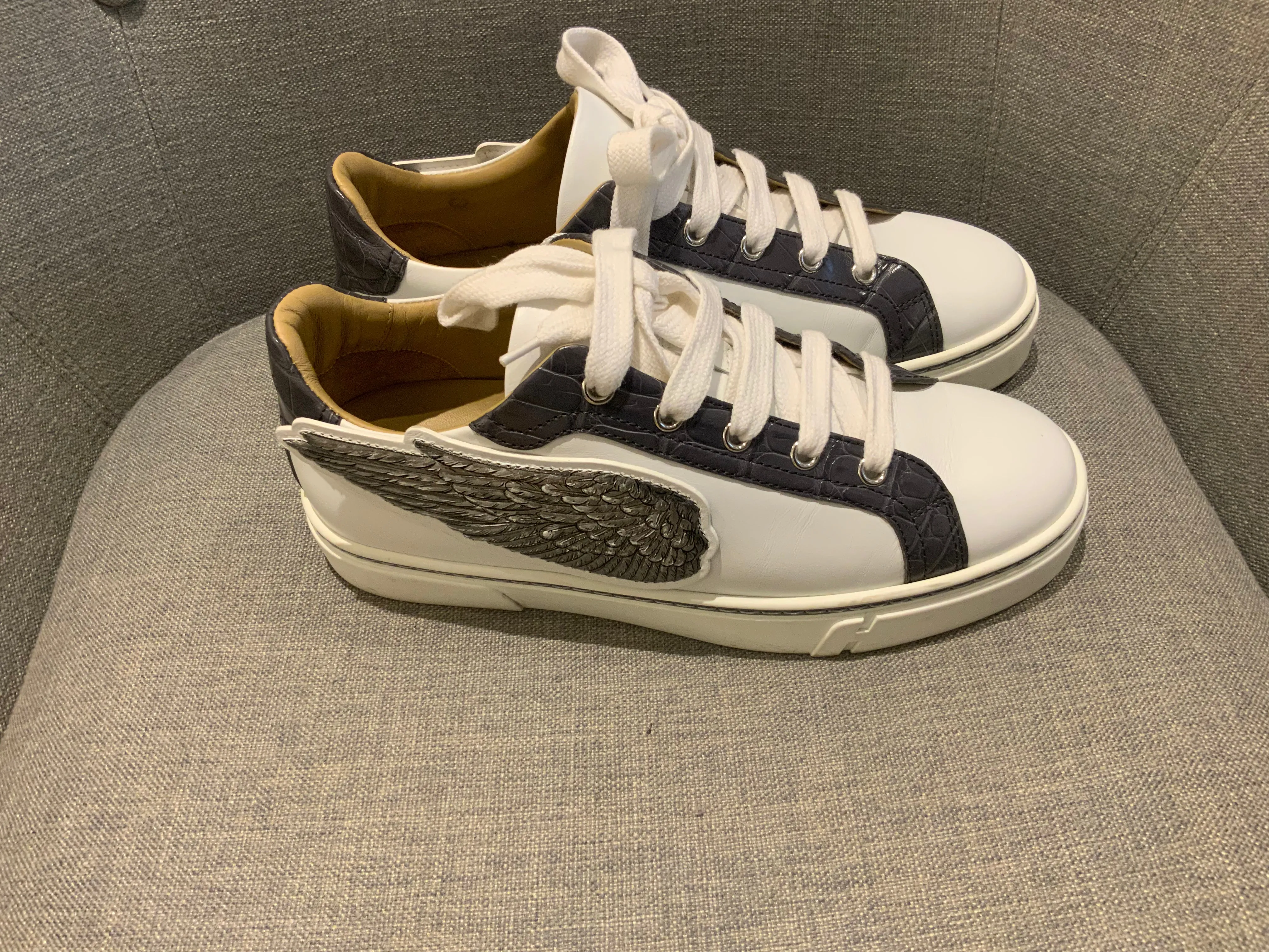 HERMÈS Calfskin Epsom Womens Velvet Sneakers 37 White Grey Crocodile Trim Shoes ladies