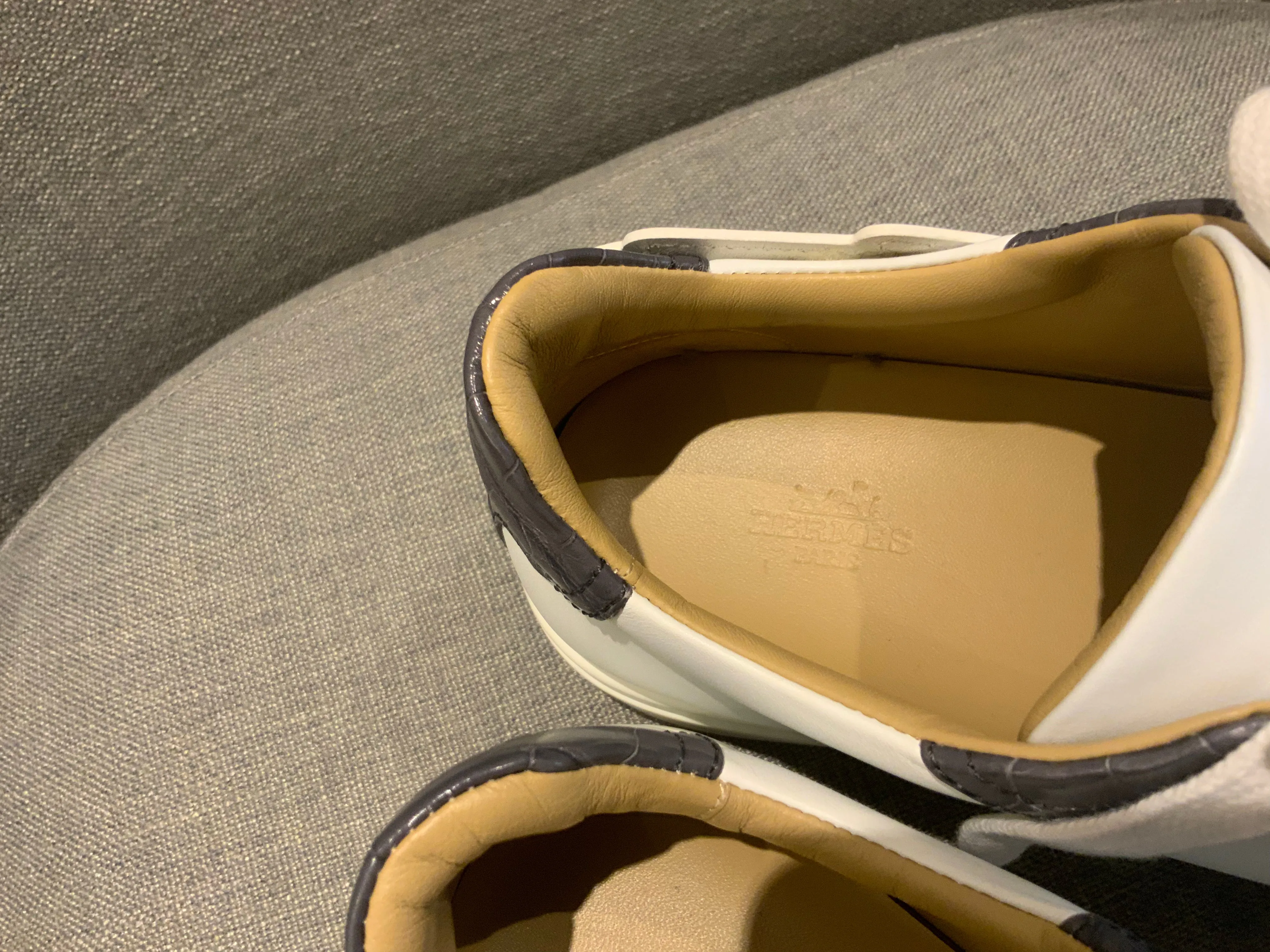 HERMÈS Calfskin Epsom Womens Velvet Sneakers 37 White Grey Crocodile Trim Shoes ladies