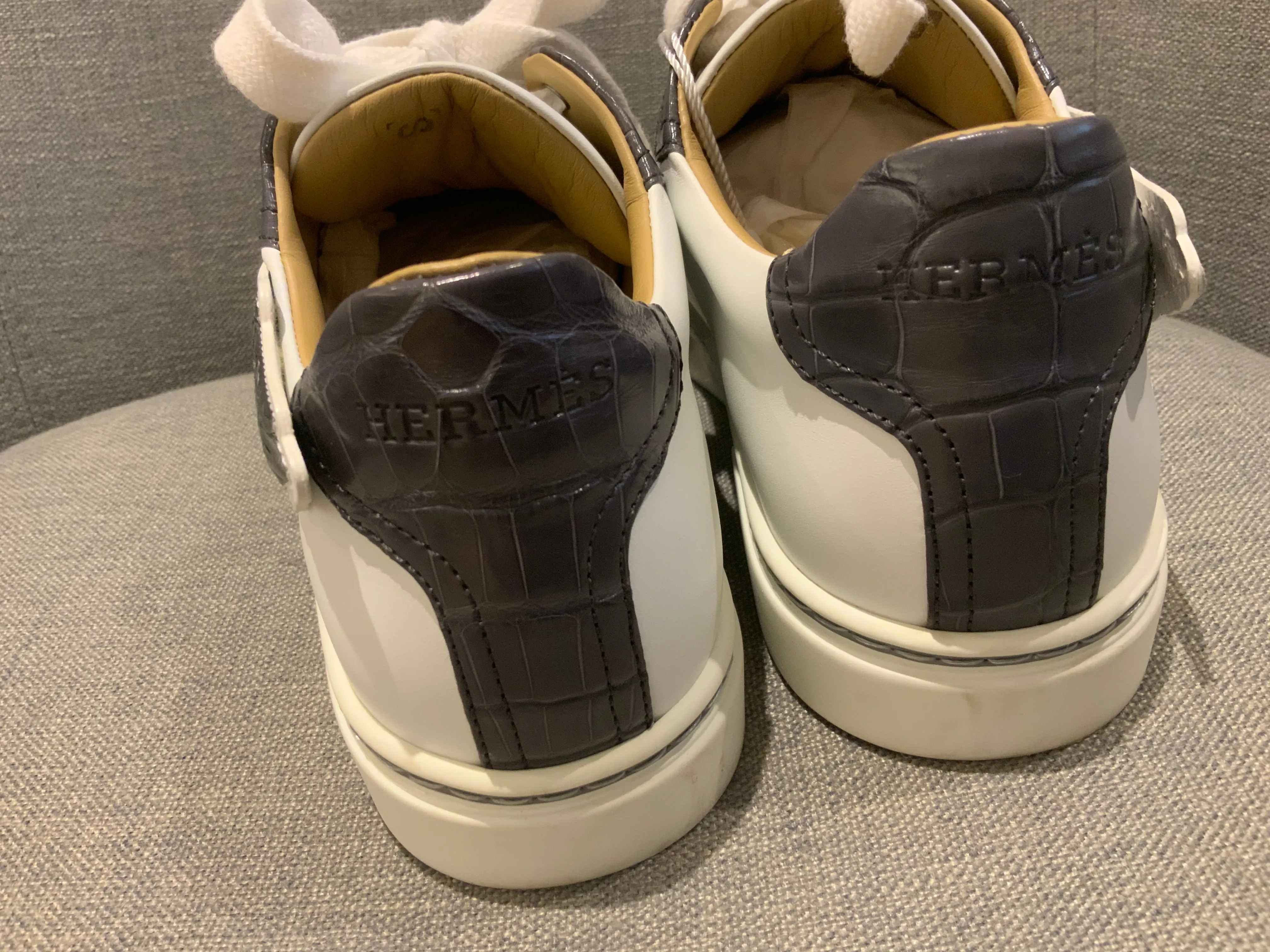 HERMÈS Calfskin Epsom Womens Velvet Sneakers 37 White Grey Crocodile Trim Shoes ladies