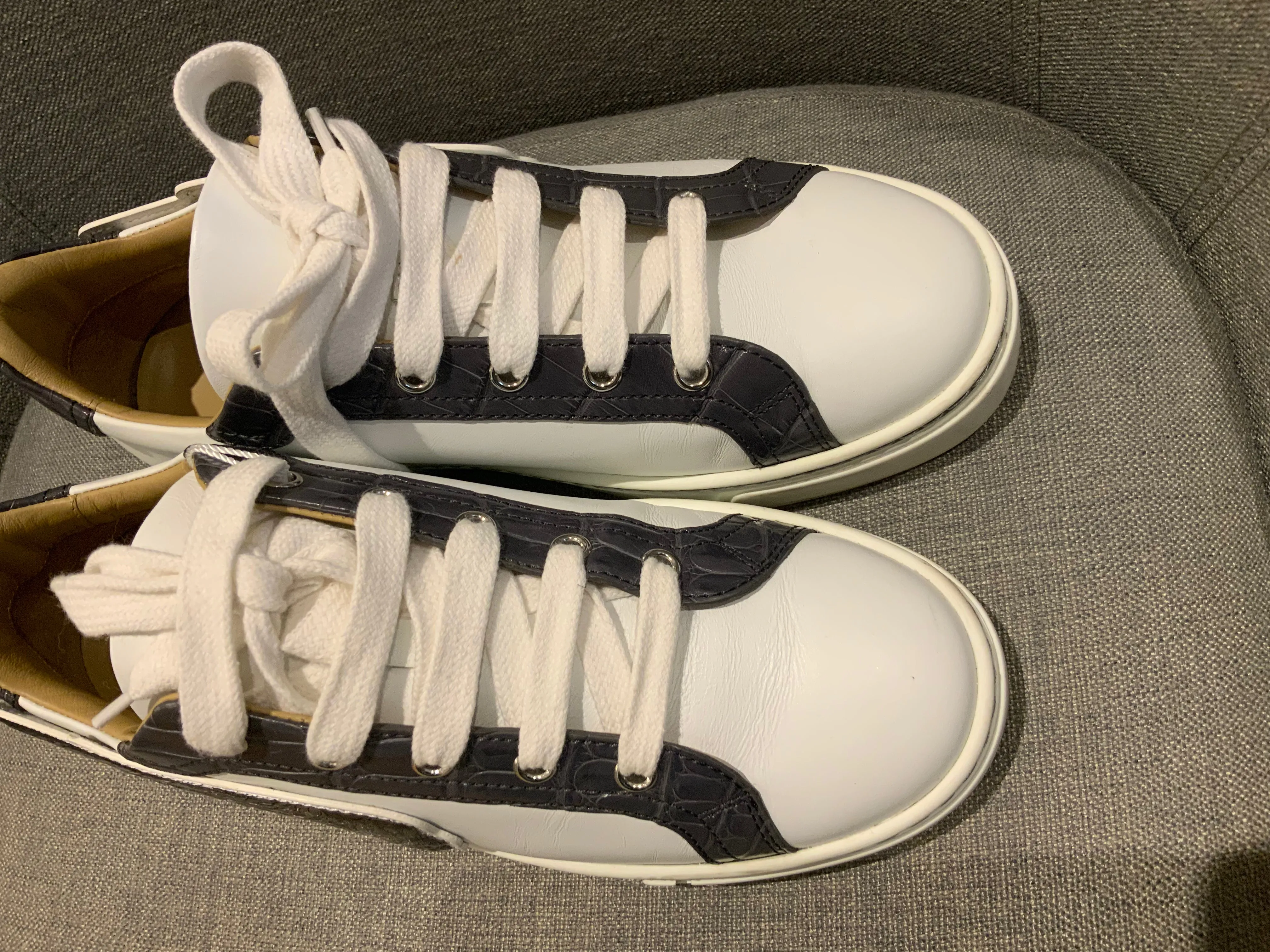 HERMÈS Calfskin Epsom Womens Velvet Sneakers 37 White Grey Crocodile Trim Shoes ladies