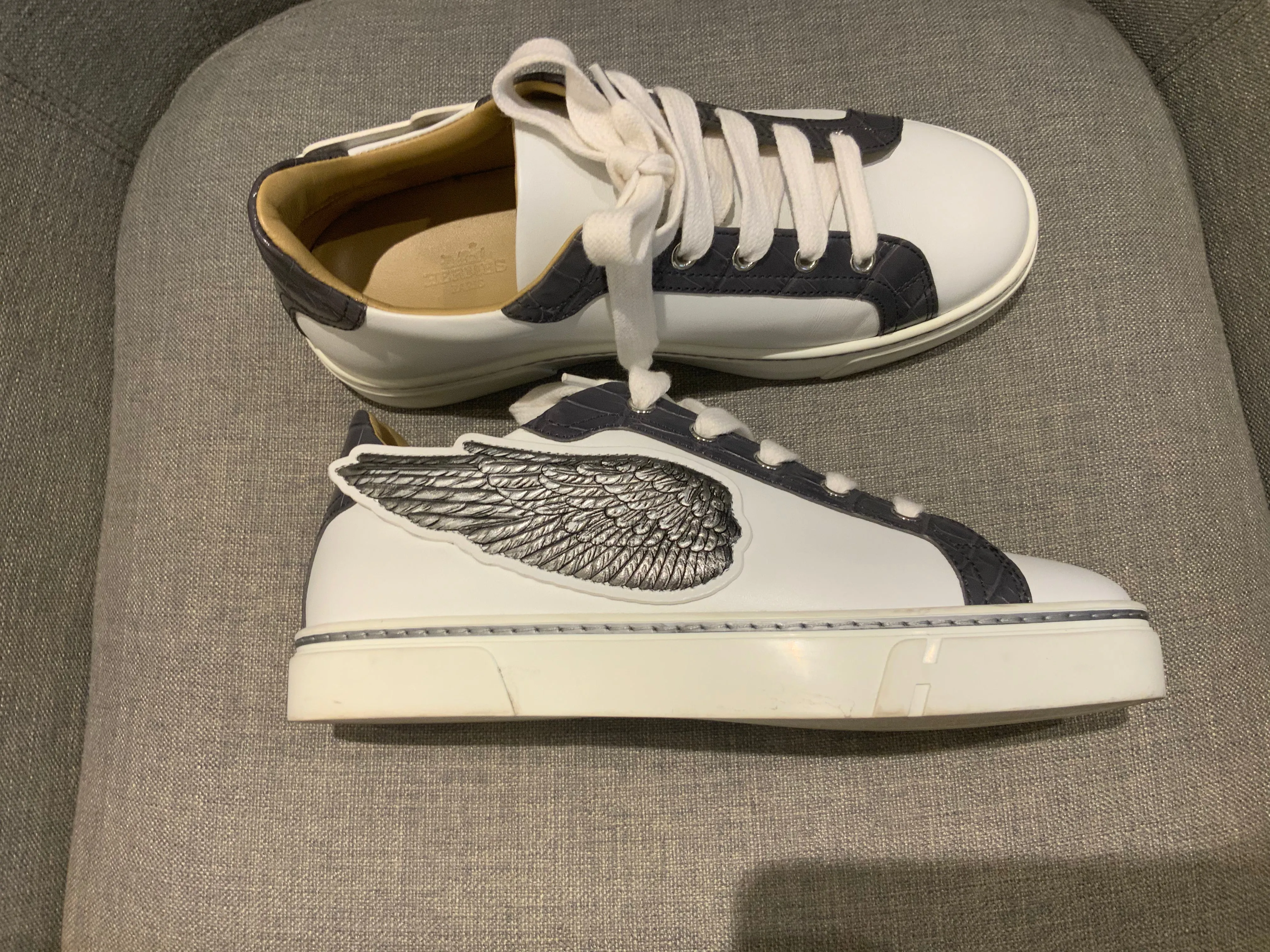HERMÈS Calfskin Epsom Womens Velvet Sneakers 37 White Grey Crocodile Trim Shoes ladies
