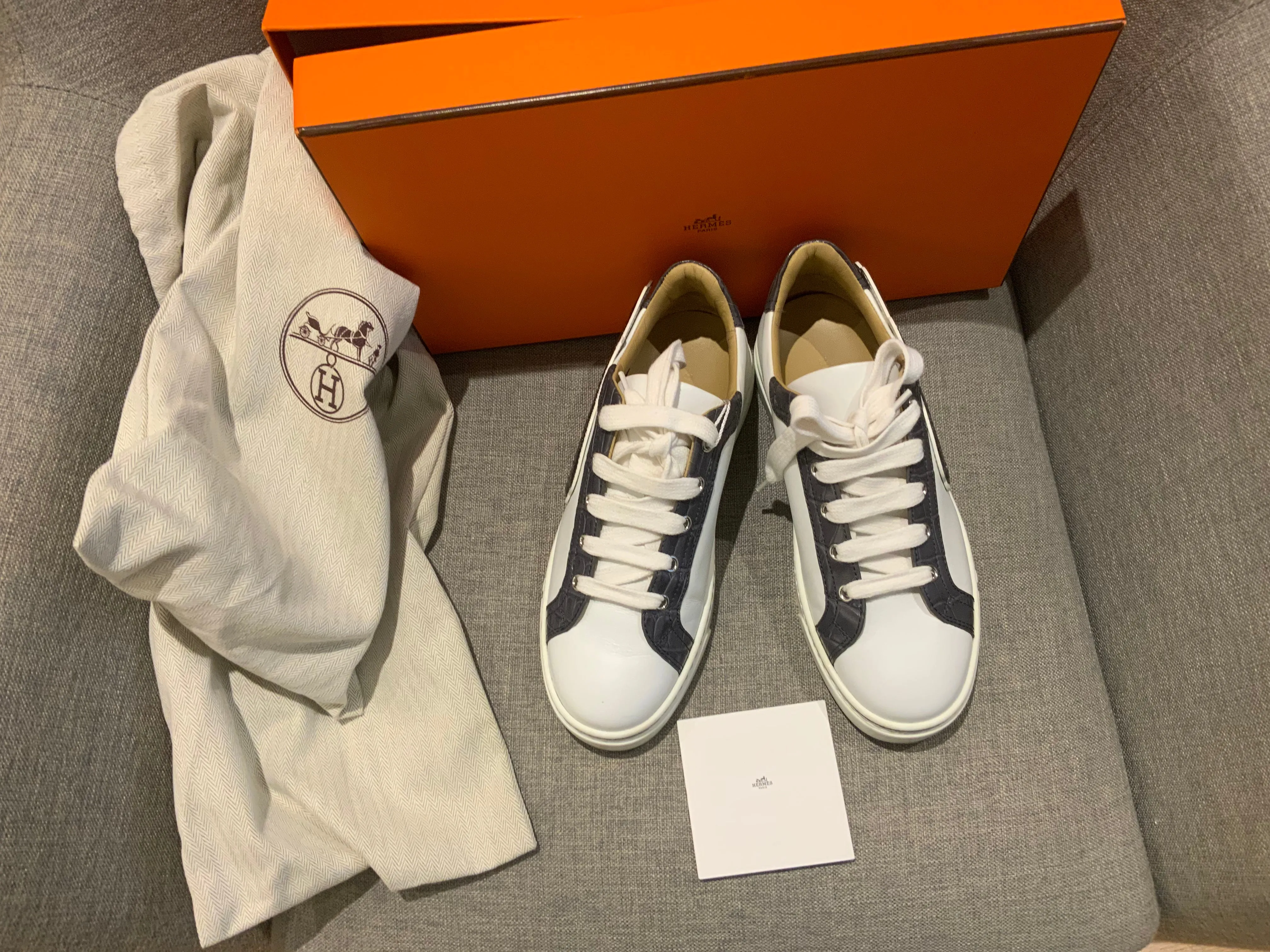 HERMÈS Calfskin Epsom Womens Velvet Sneakers 37 White Grey Crocodile Trim Shoes ladies