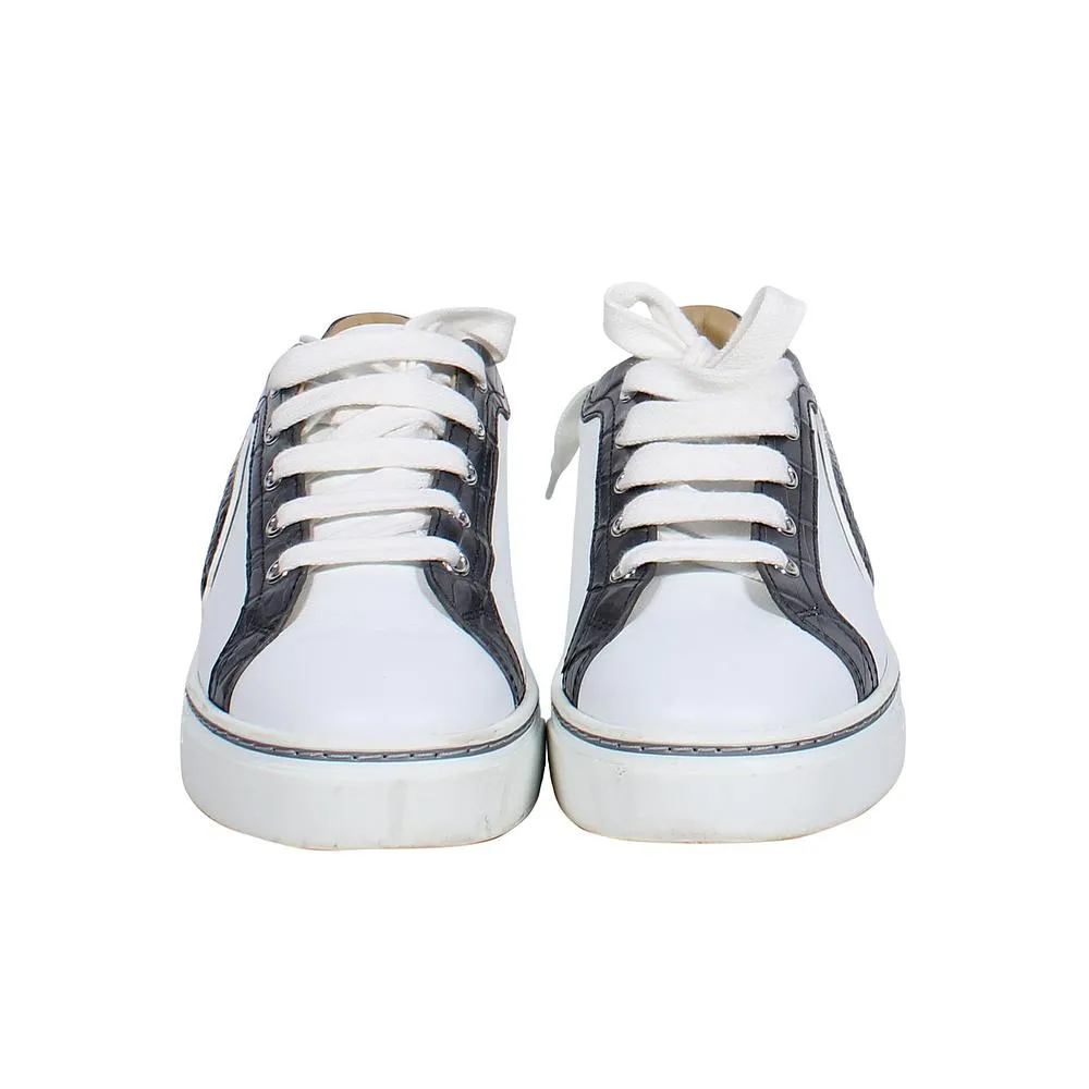 HERMÈS Calfskin Epsom Womens Velvet Sneakers 37 White Grey Crocodile Trim Shoes ladies
