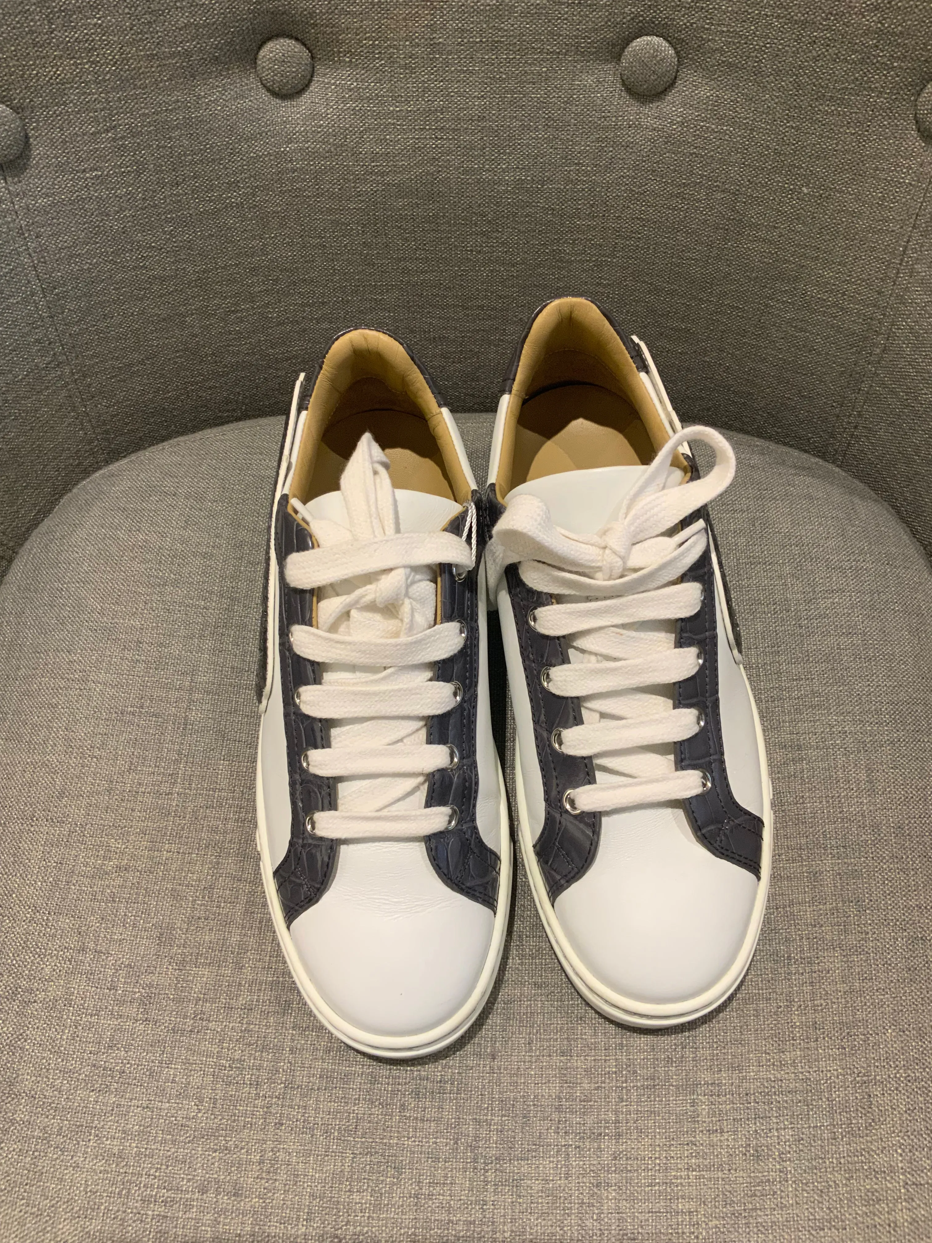 HERMÈS Calfskin Epsom Womens Velvet Sneakers 37 White Grey Crocodile Trim Shoes ladies