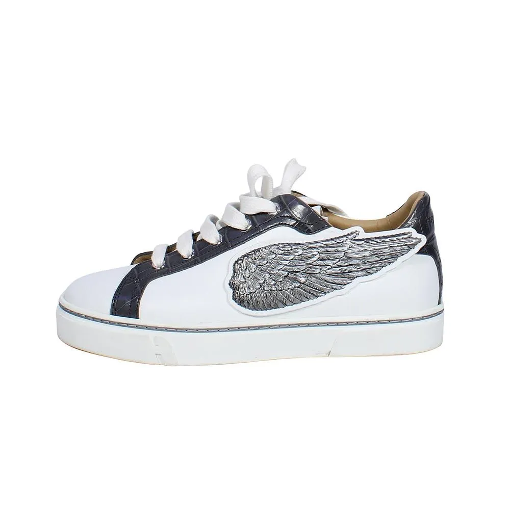 HERMÈS Calfskin Epsom Womens Velvet Sneakers 37 White Grey Crocodile Trim Shoes ladies
