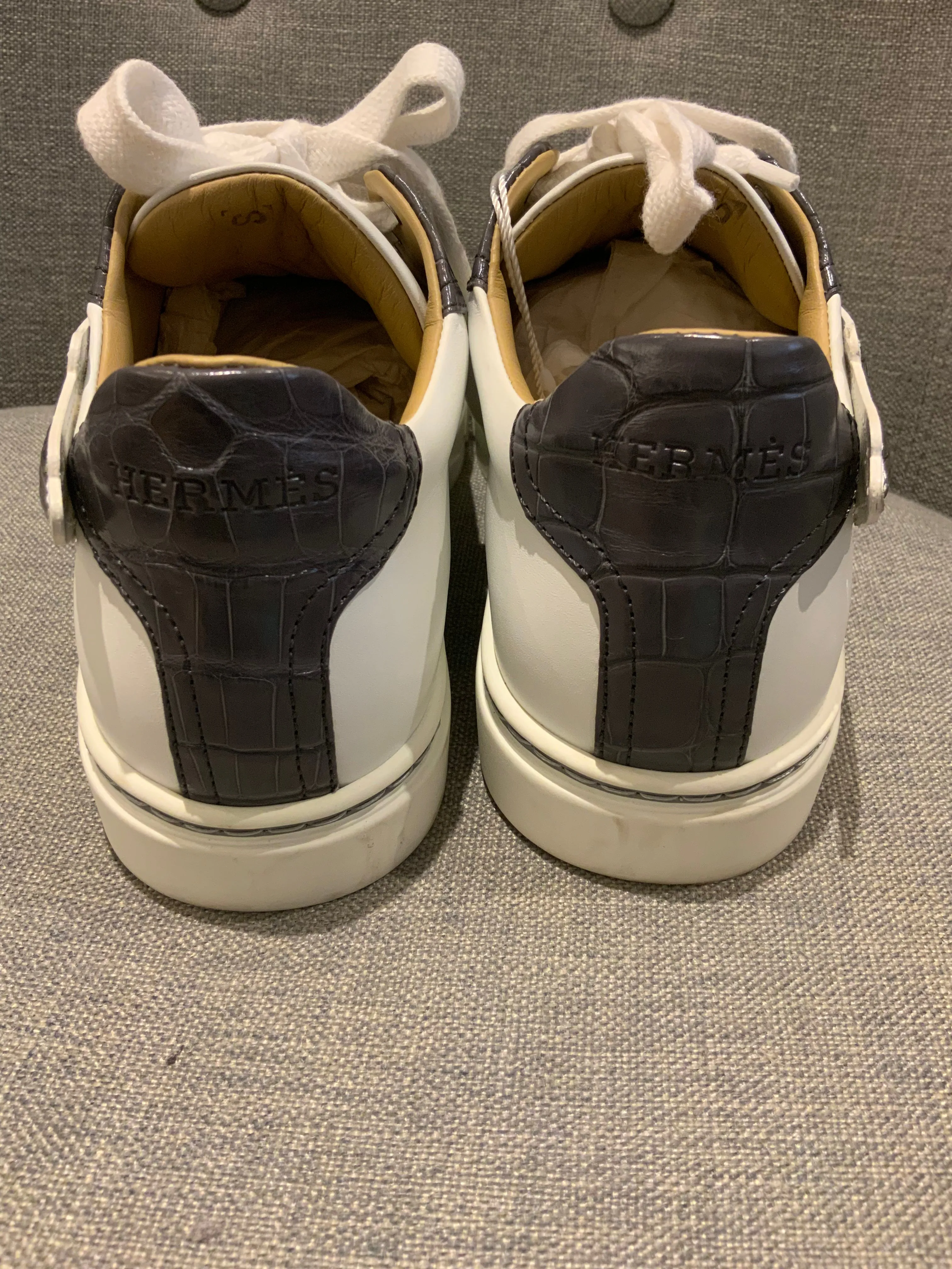 HERMÈS Calfskin Epsom Womens Velvet Sneakers 37 White Grey Crocodile Trim Shoes ladies