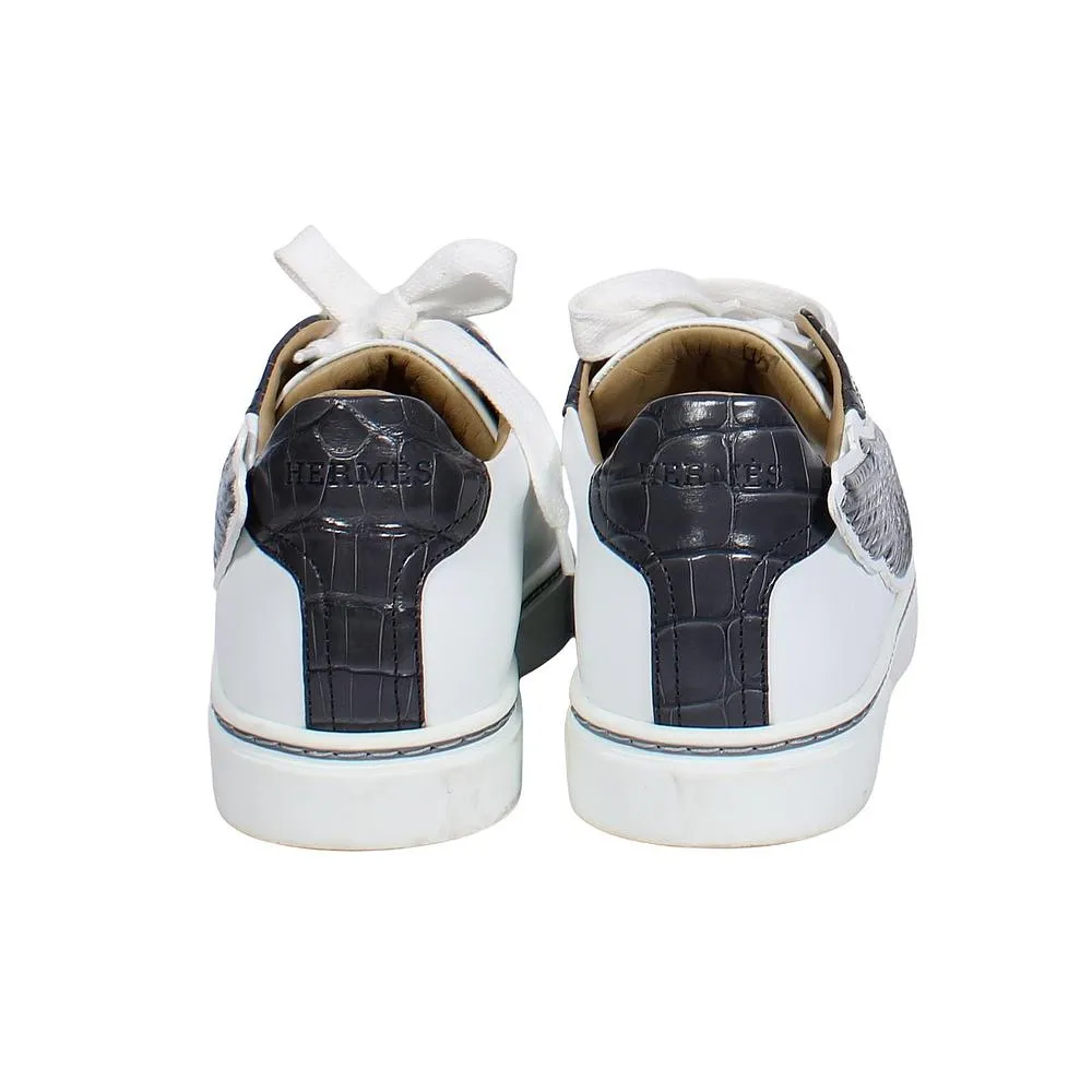 HERMÈS Calfskin Epsom Womens Velvet Sneakers 37 White Grey Crocodile Trim Shoes ladies