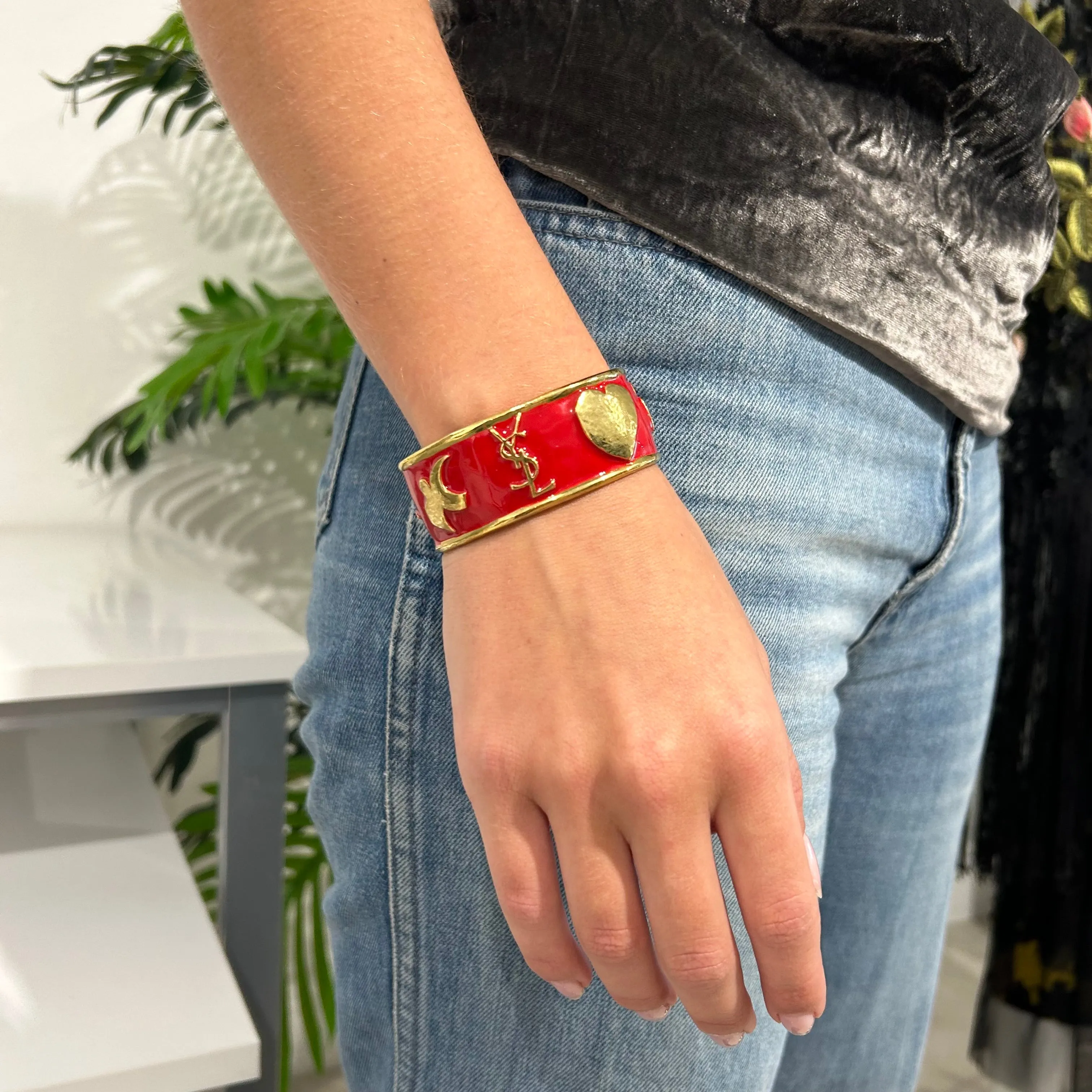 Vintage YSL Red Enamel & Gold Tone Icon Bracelet