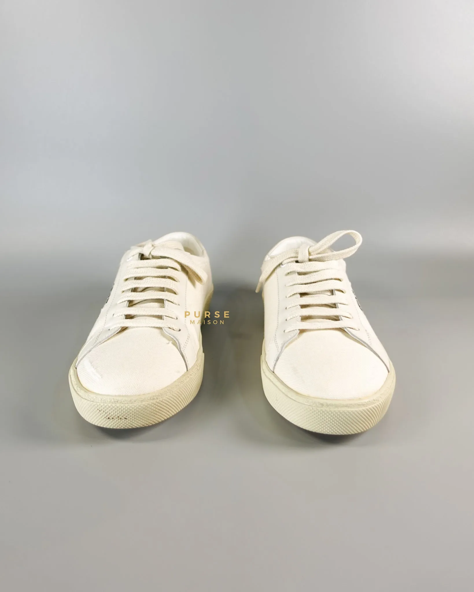 YSL Distressed Canvas Court Classic Ivory White Sneakers Size 39 (25cm)