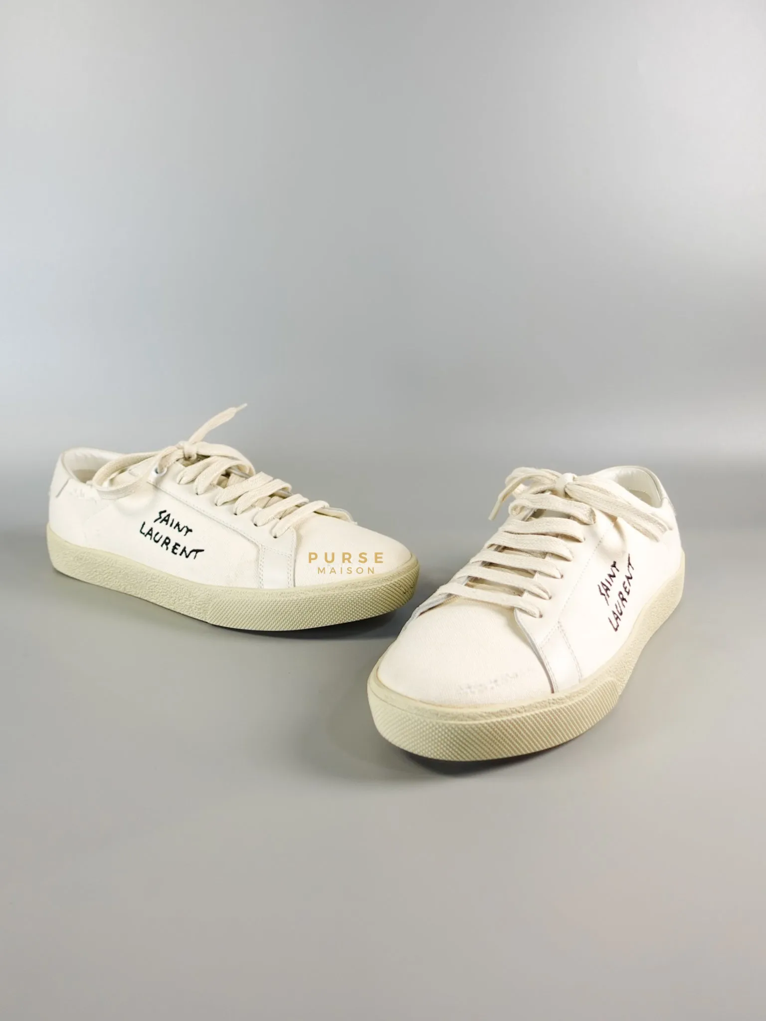 YSL Distressed Canvas Court Classic Ivory White Sneakers Size 39 (25cm)