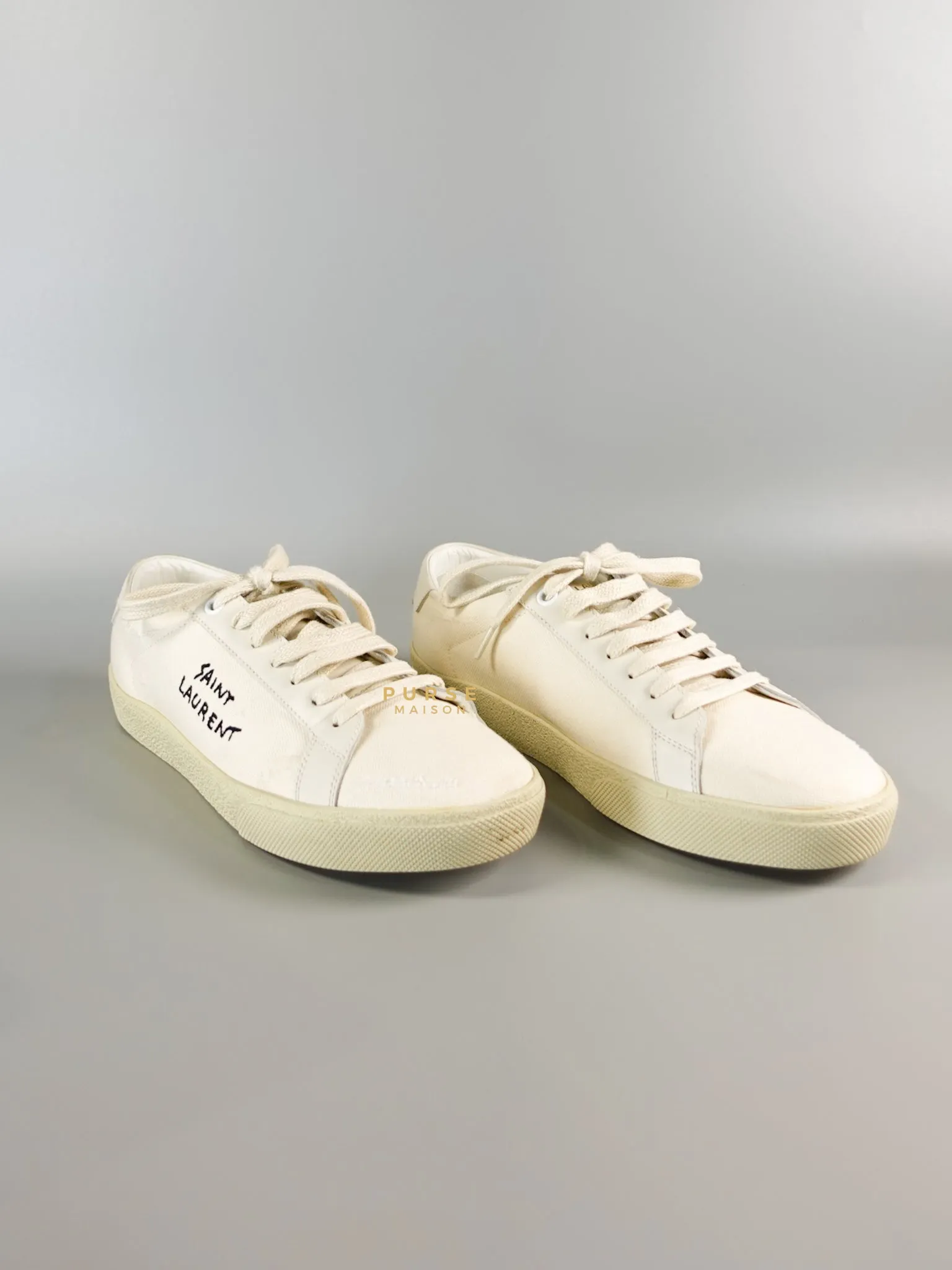 YSL Distressed Canvas Court Classic Ivory White Sneakers Size 39 (25cm)